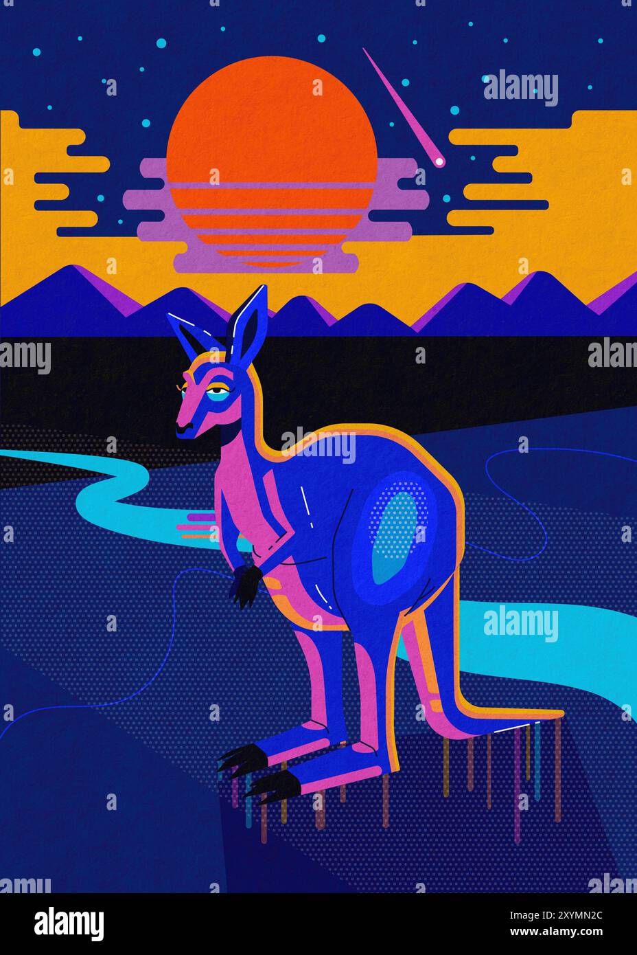 Vibrant Neon Kangaroo in Surreal Landscape with Retro Sunset and Geometric Mountains Stock Photo