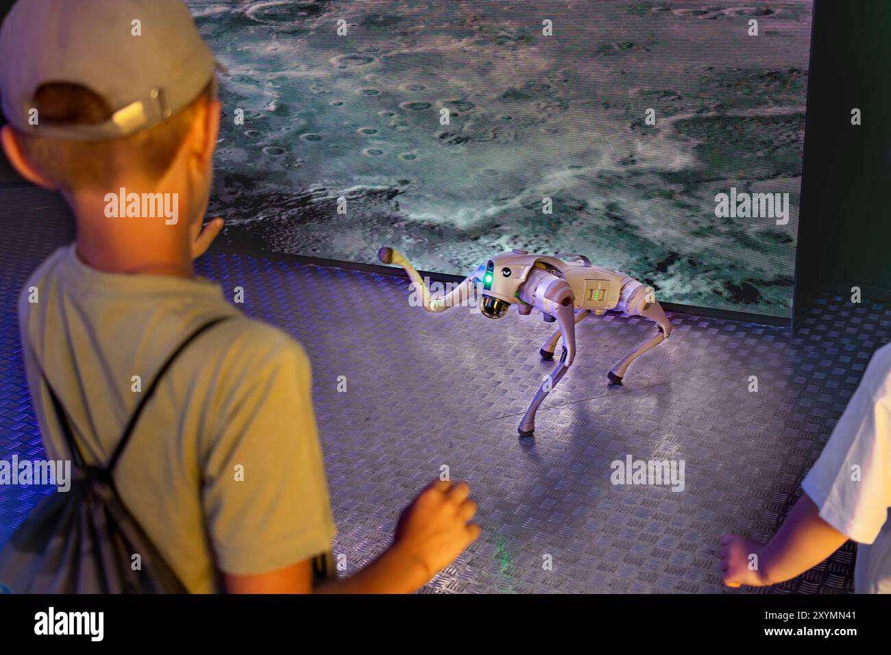 Child interacts with high-tech smart robot dog, manually programmable via mobile control, voice-activated, electric toy. Stock Photo