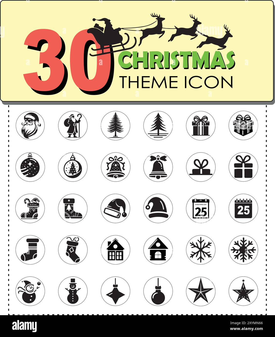 Christmas Icons Collection: Linear, Hand-Drawn Elements Festive Graphics for Websites, Calendars Decorations Santa, Snowman, Jingle Bell, calender Stock Vector