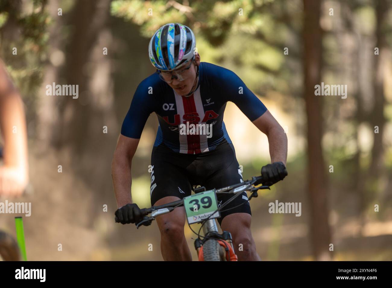 Pal Arinsal, Andorra : August 30 2024 : Mikhail Mosteller of USA in the UCI Mountain Bike World Championships CROSS-COUNTRY OLYMPIC MEN JUNIOR Andorra Stock Photo