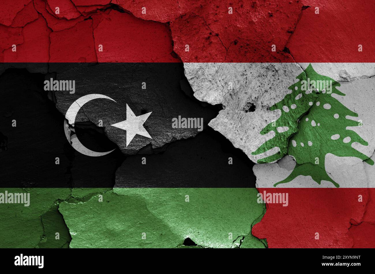 Flags of Libya and Lebanon painted on cracked wall Stock Photo - Alamy