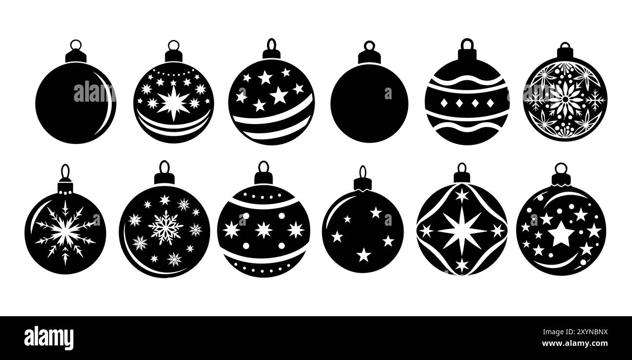 Set of winter silhouettes in black, outline. Christmas tree toys, balls. Insulated Stock Vector