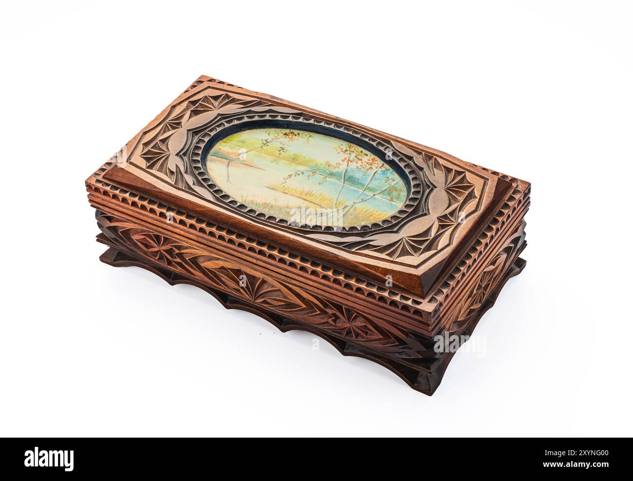 Old vintage wooden jewellery box isolated on white background Stock Photo