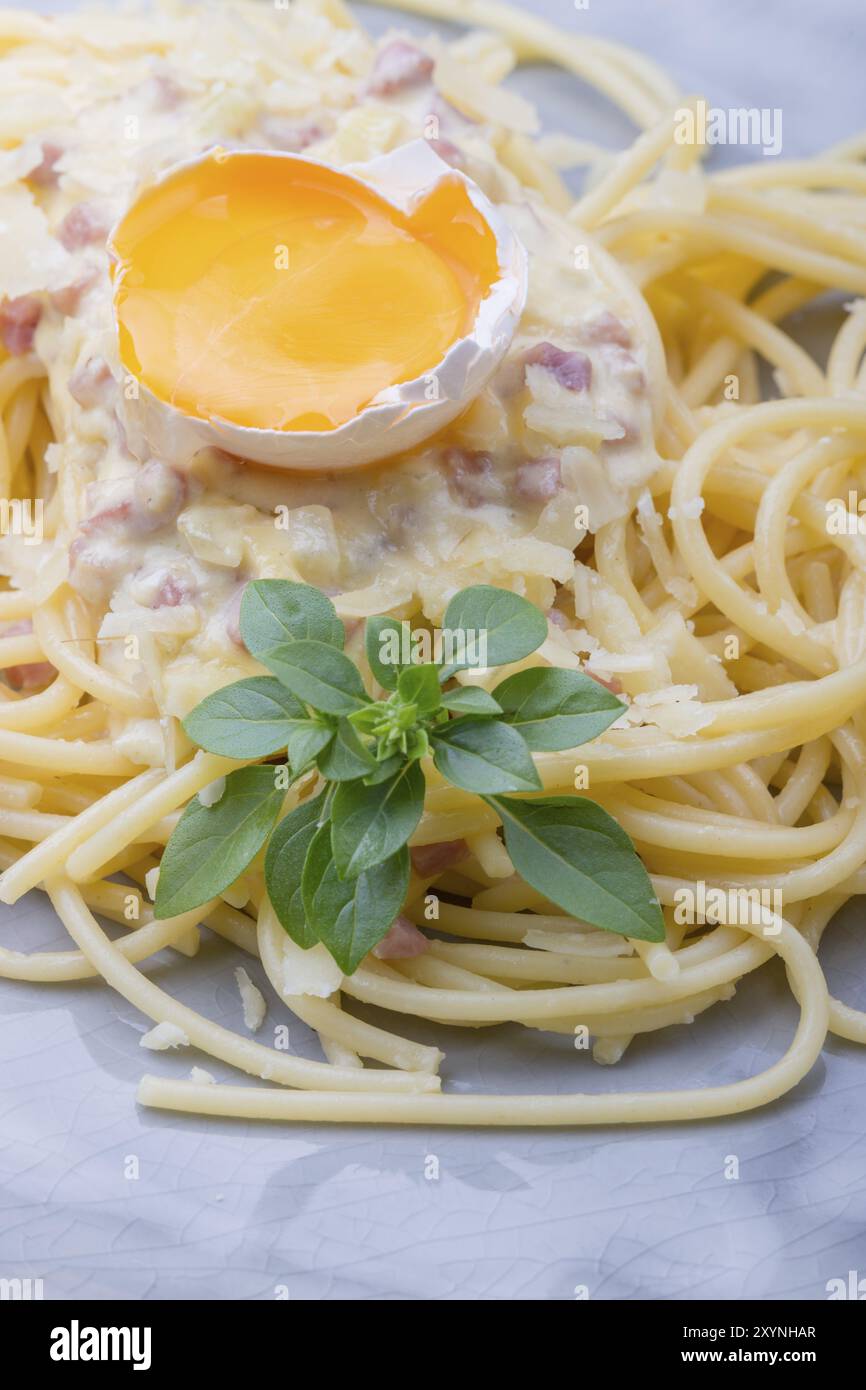 Spaghetti carbonara on grey hi-res stock photography and images - Alamy