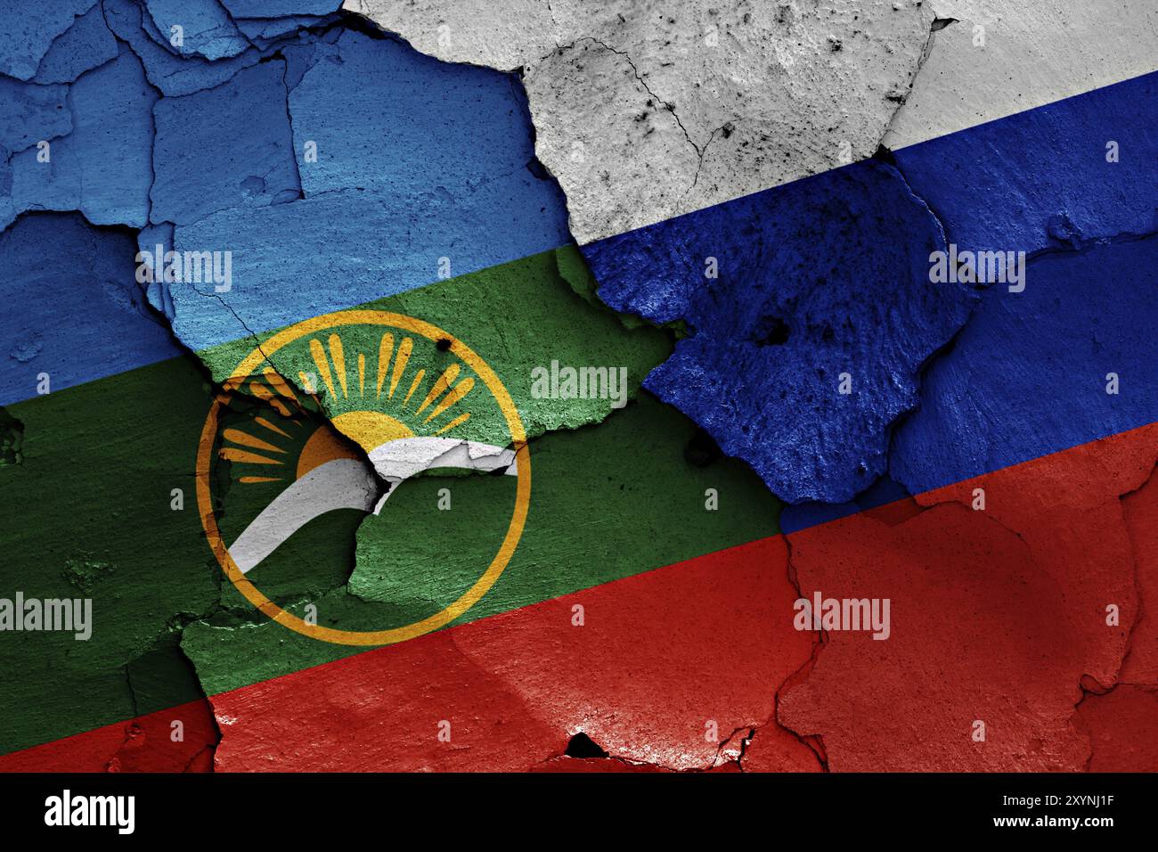 Flags of Karachay-Cherkessia and Russia painted on cracked wall Stock ...