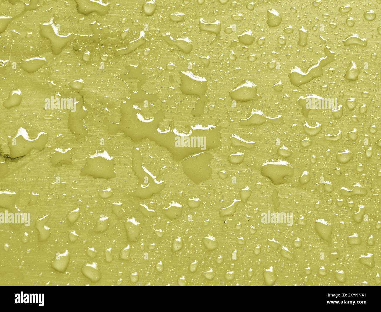 Water drops on limelight colored metallic surface Stock Photo