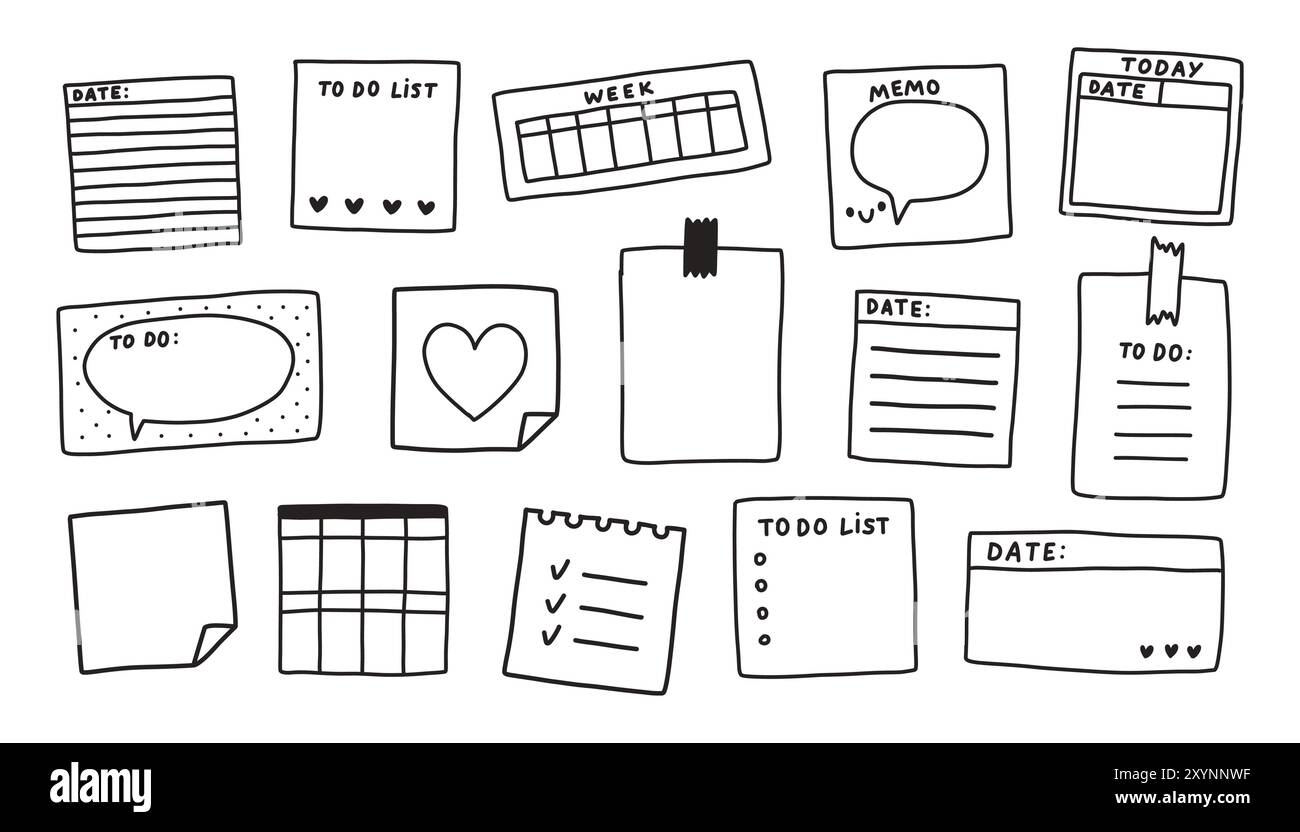 Simple sticky note set. Memo doodle. Blank square sheets of notepaper ...