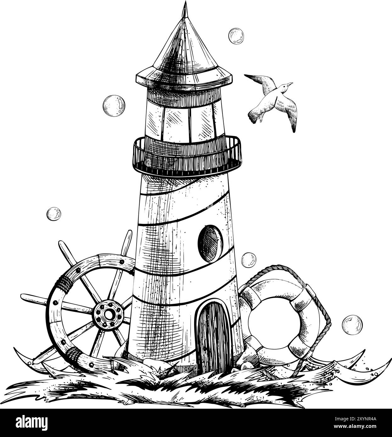 Striped sea lighthouse with ship s wheel, lifebuoy, flying seagull and bubbles standing on grass on seashore with waves. Graphic linear drawing, hand Stock Vector