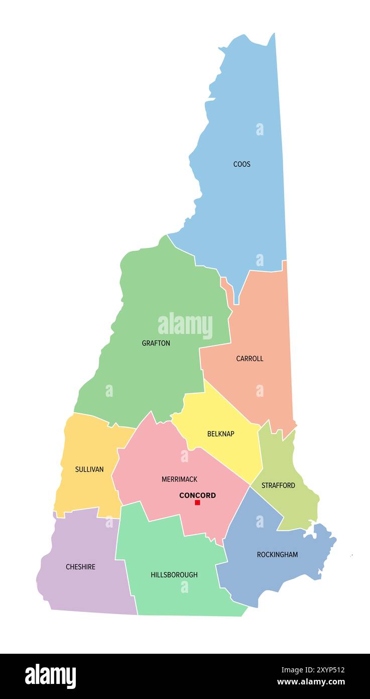 New Hampshire U S State Subdivided Into 10 Counties Multi Colored New Hampshire Us State Subdivided Into 10 Counties Multi Colored Political Map With Capital Concord Borders And County Names 2XYP512