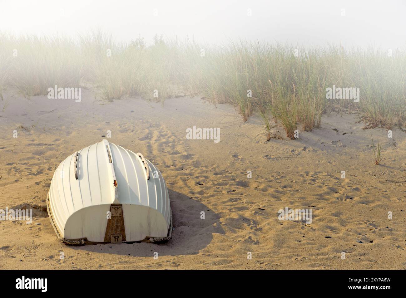 White boat lying on the beach in the morning sun Stock Photo - Alamy