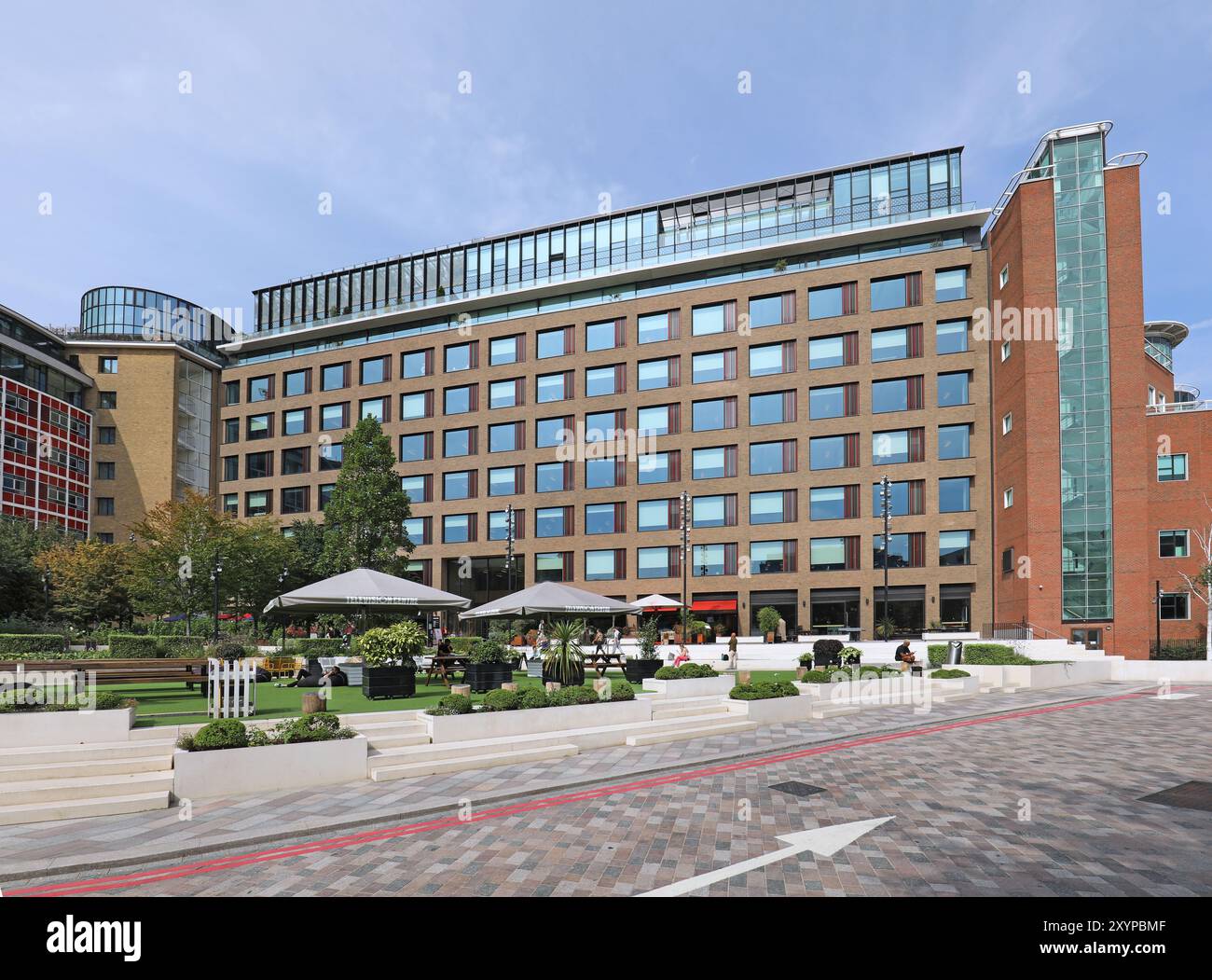New North wing of Television Centre, Wood Lane, London. Former home of BBC Television, now converted to flats, offices, hotels and a cinema. Stock Photo