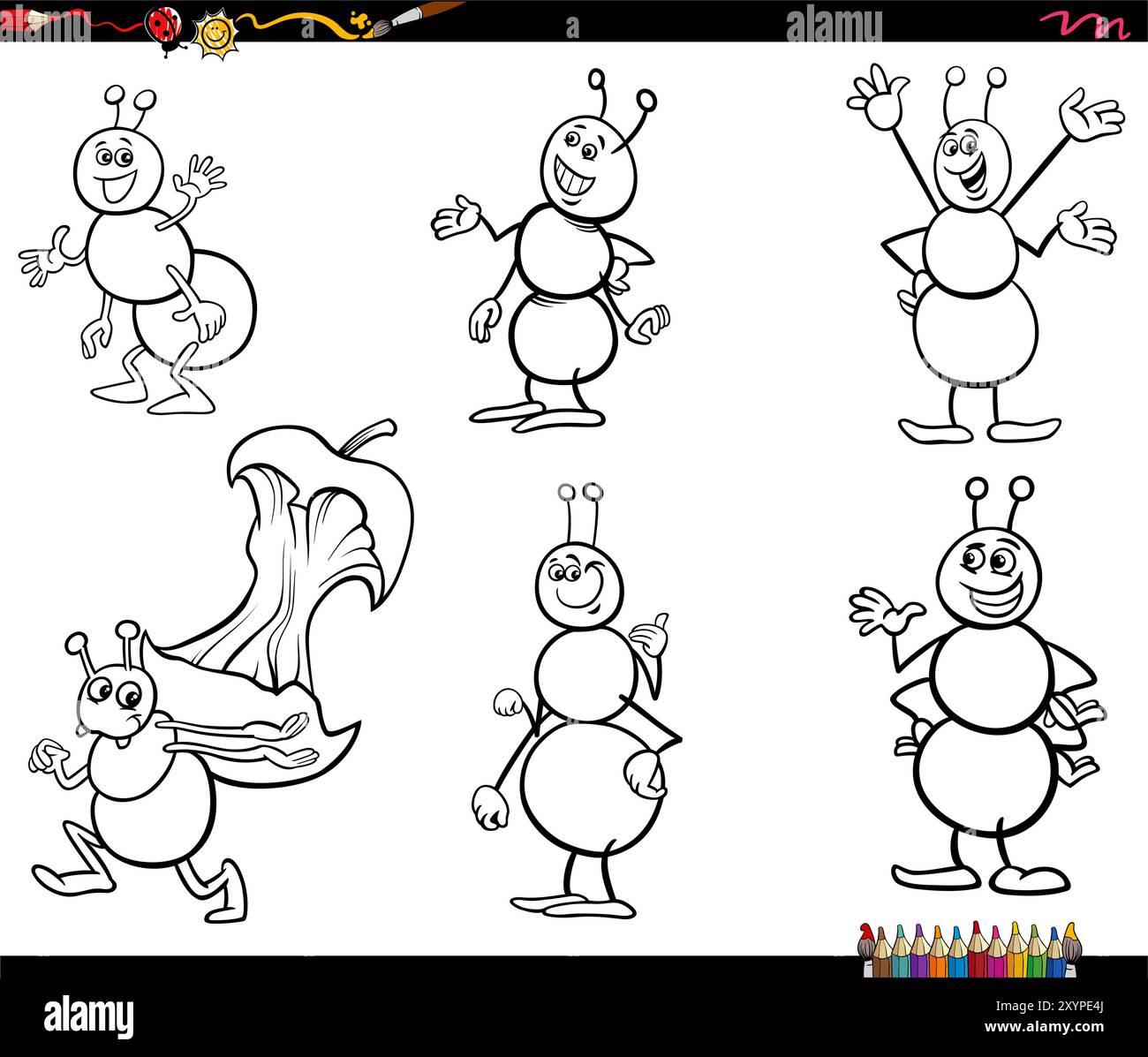 Cartoon humorous illustration of comic ants insects animal characters set coloring page Stock Vector