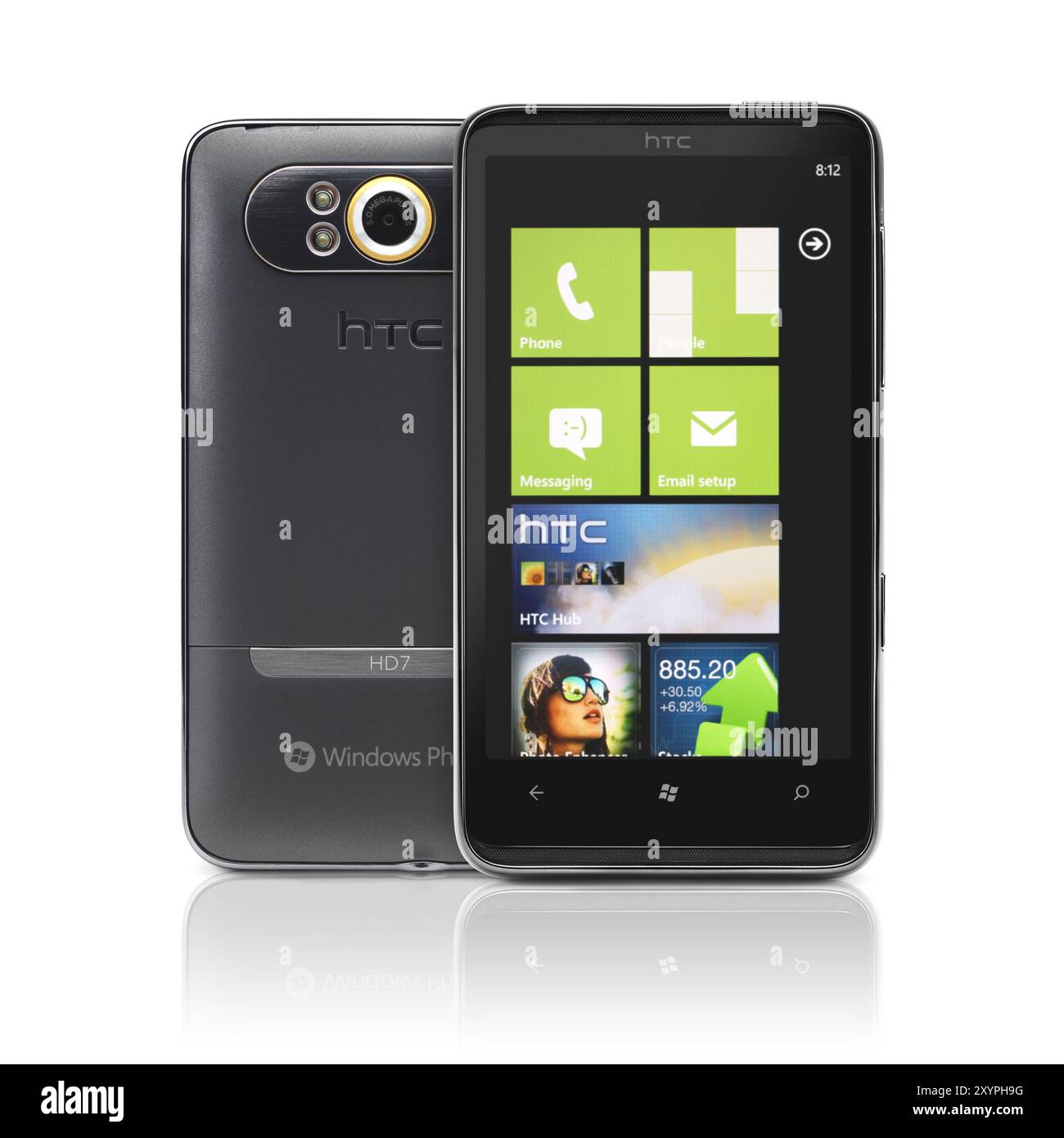 Windows 7 phone. HTC HD7 smartphone. Two phones front and back view isolated with clipping path on white background. High quality photo Stock Photo