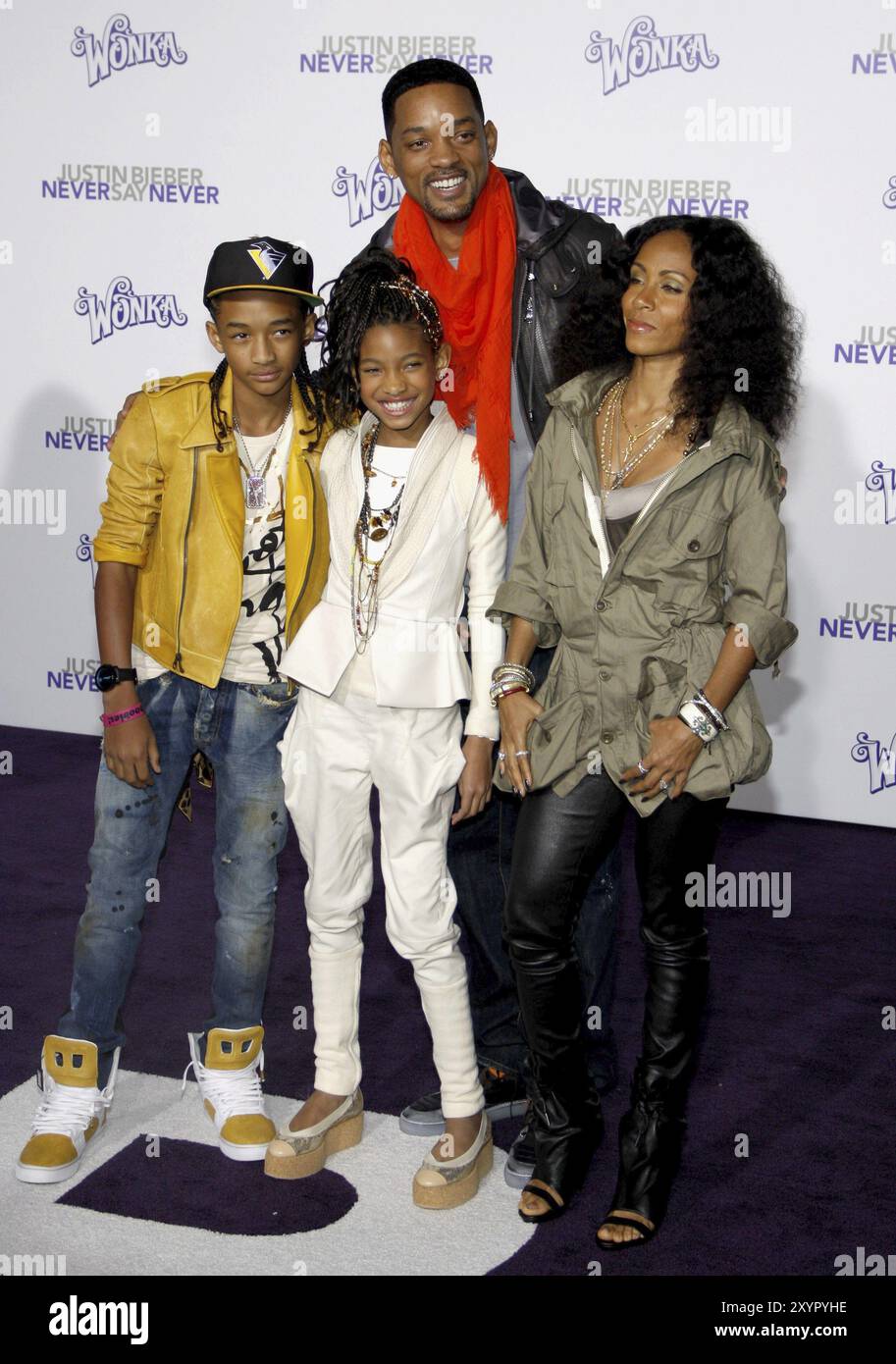 Jaden Smith, Willow Smith, Will Smith and Jada Pinkett Smith at the Los Angeles premiere of 'Justin Bieber: Never Say Never' held at the Nokia Theatre Stock Photo