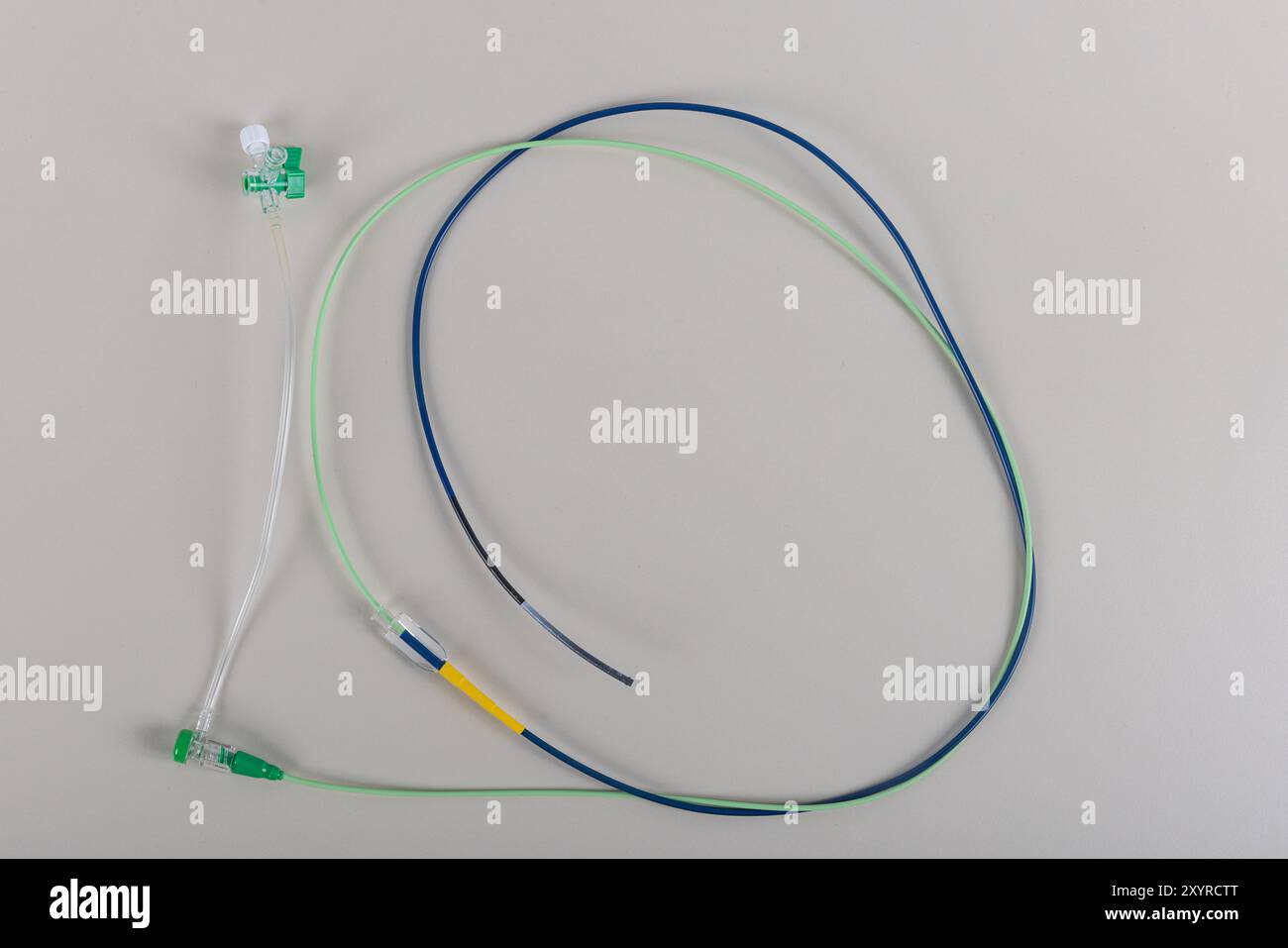 PTCA guide wires. Stent and catheter for implantation into blood vessels with an empty and filled balloon. Pulmonary artery catheter used during cardi Stock Photo