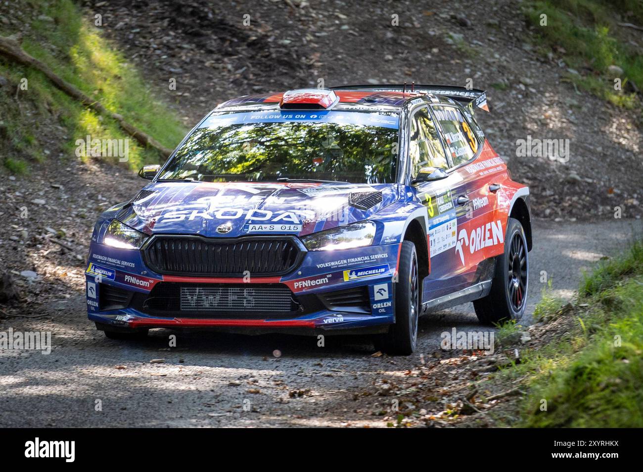 Aberystwyth, Dyfed, UK. 30th Aug, 2024. 2024 FIA European Rally Championship Day 1; Driver Miko Marczyk and co-driver Szymon Gospodarczyk in their Skoda Fabia RS during the rally shakedown Credit: Action Plus Sports/Alamy Live News Stock Photo