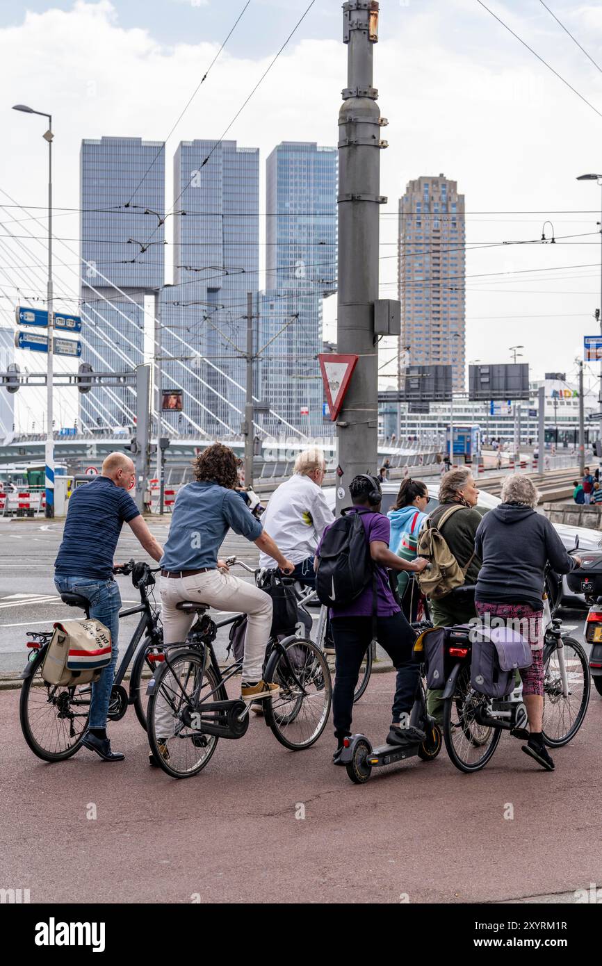 Cyclist on cycle path in front of the Erasmus Bridge over the Nieuwe Maas, skyline of skyscrapers on the Kop van Zuid, Rotterdam, Netherlands Stock Photo