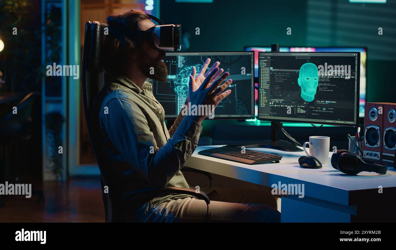 Programmer using VR headset to answer awaken AI gaining consciousness asking existential questions. Developer using virtual reality tech to chat with artificial intelligence, camera A Stock Photo