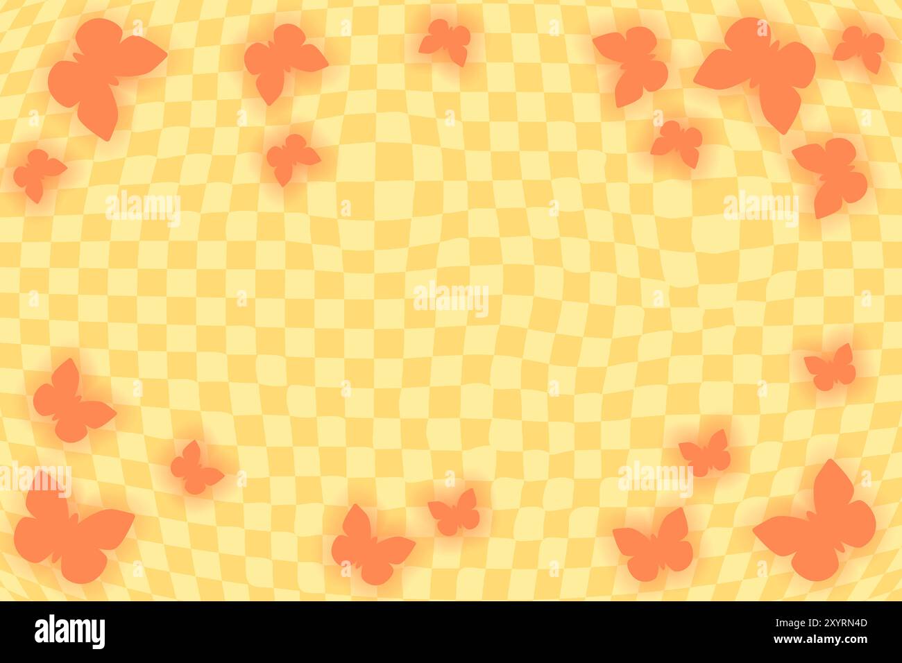 Orange retro psychedelic checkerboard pattern with butterflies. Stock Vector
