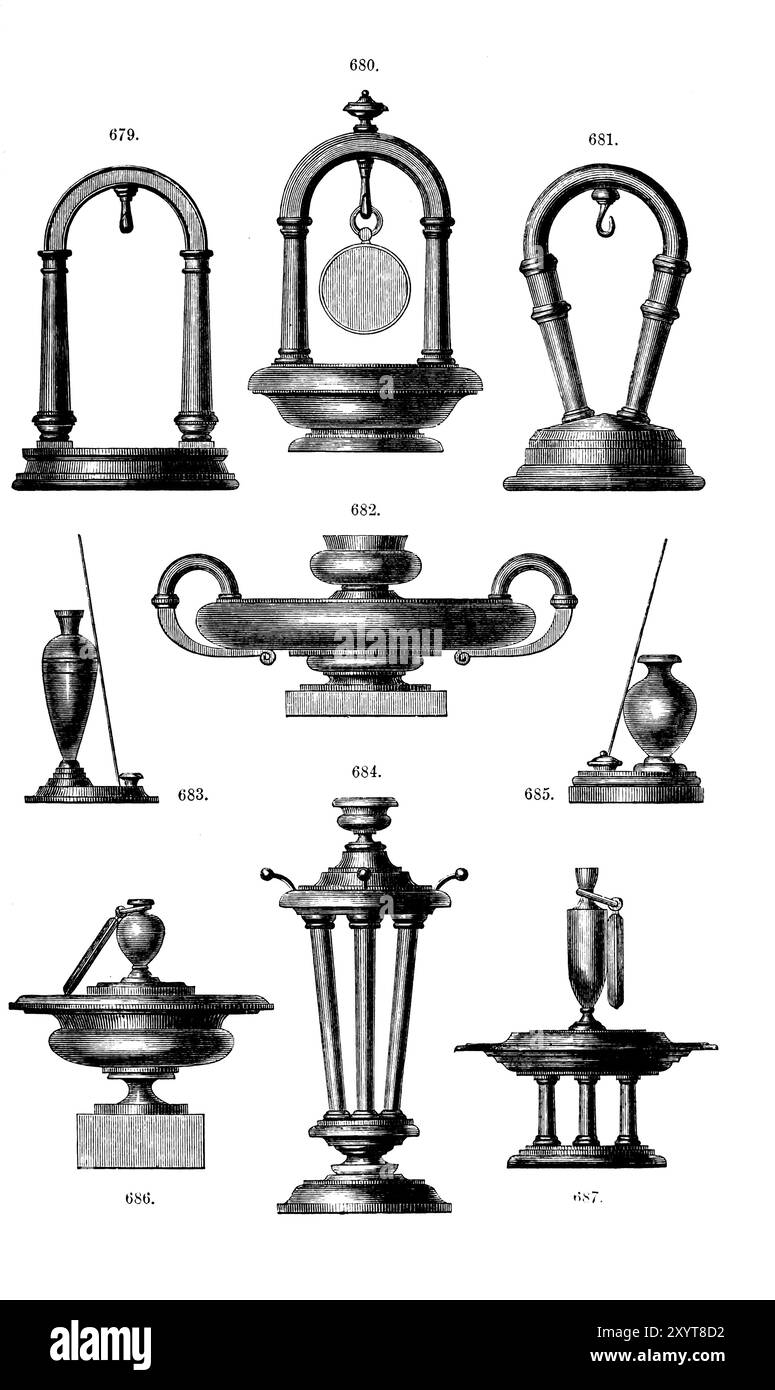 Watch stands and inkstands, illustration. From 'Turning and mechanical manipulation intended as a work of general reference and practical instruction on the lathe, and the various mechanical pursuits followed by amateurs', Volume 4 by Charles Holtzapffel (1850). Stock Photo