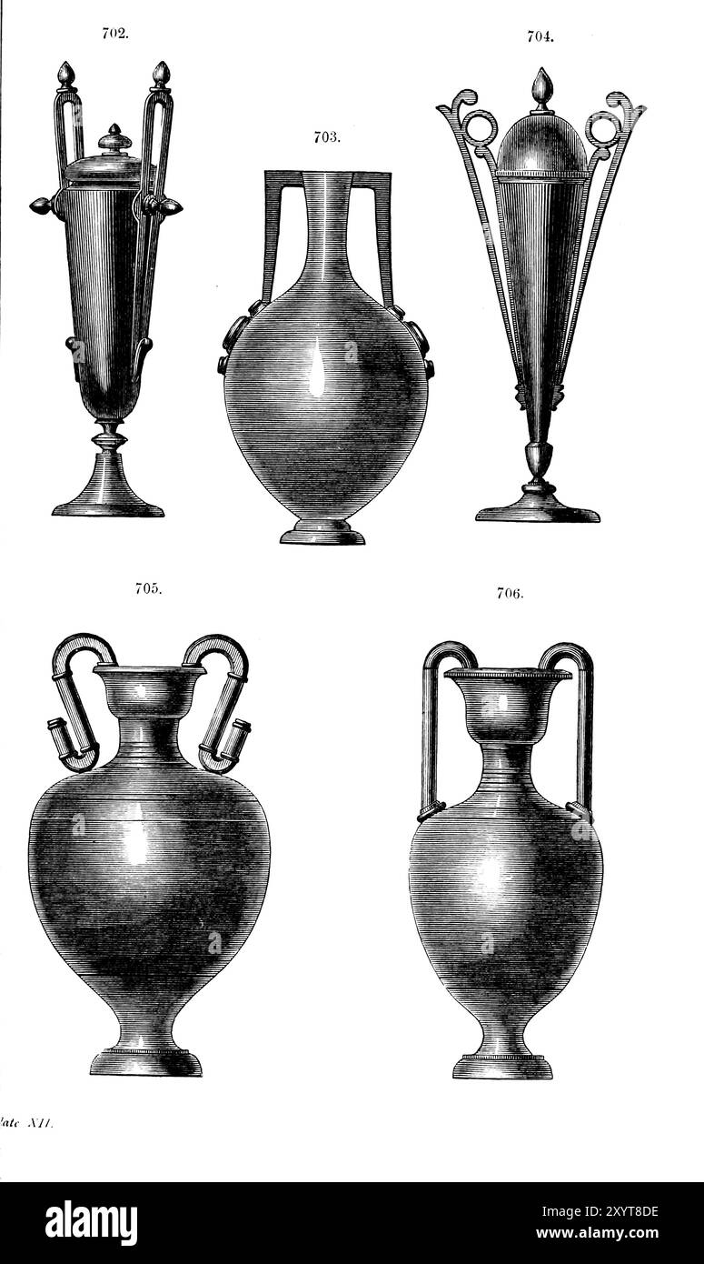 Vases with handles, illustration. From 'Turning and mechanical manipulation intended as a work of general reference and practical instruction on the lathe, and the various mechanical pursuits followed by amateurs', Volume 4 by Charles Holtzapffel (1850). Stock Photo