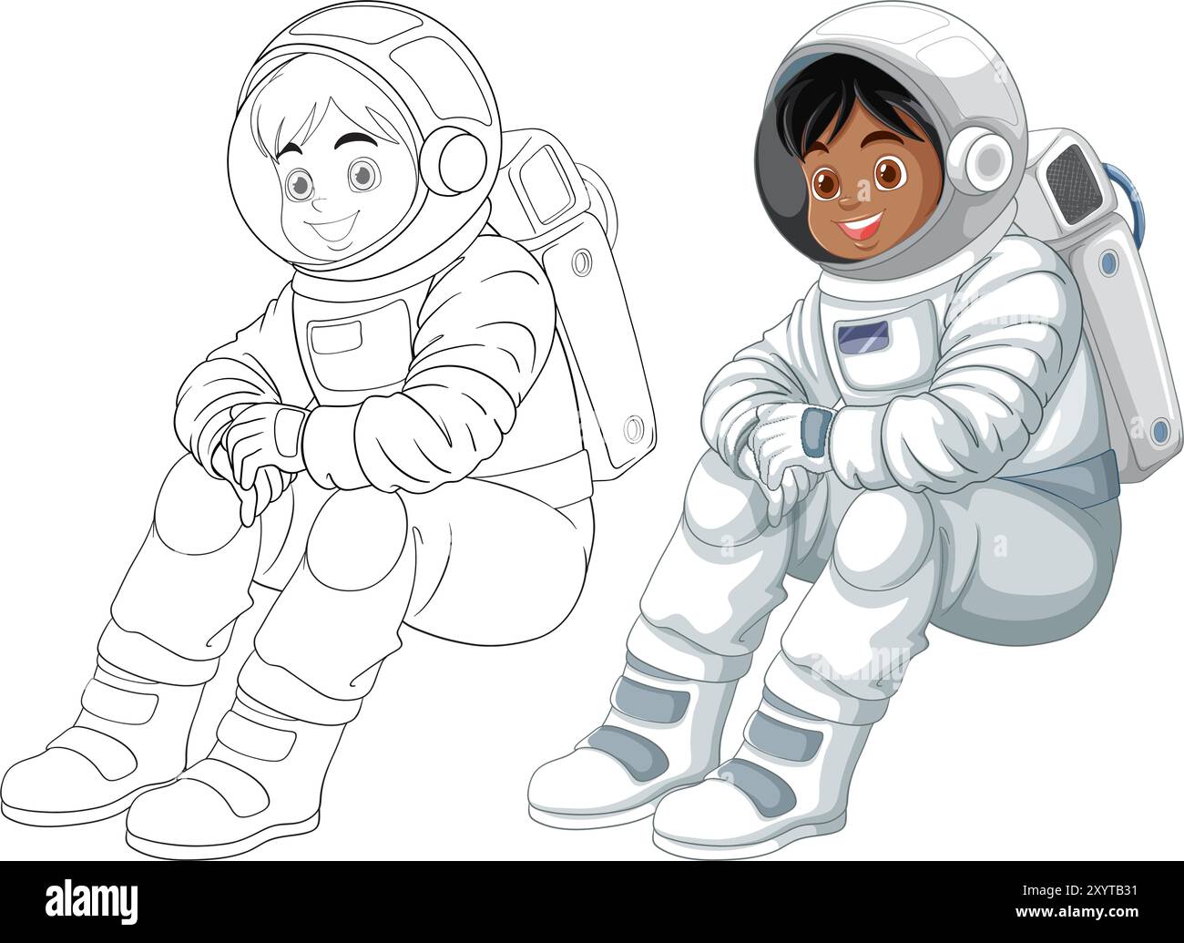 Two kids in astronaut suits, one colored Stock Vector