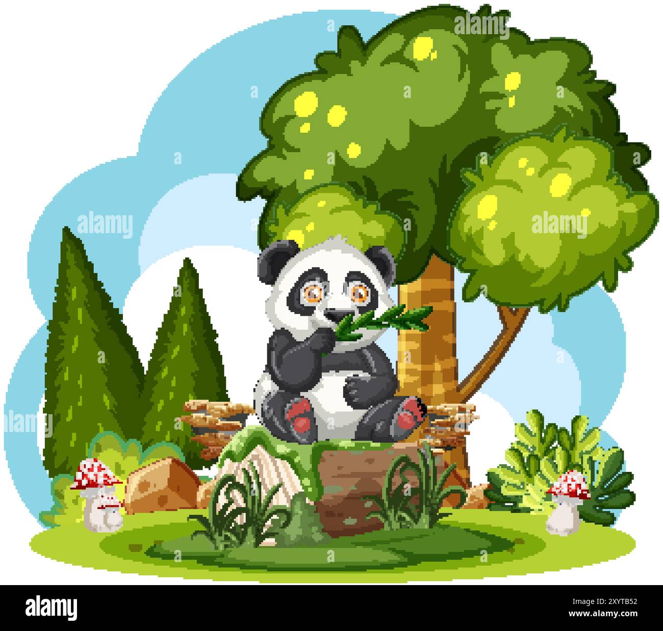Cute panda munching bamboo in a lush forest Stock Vector Image & Art ...