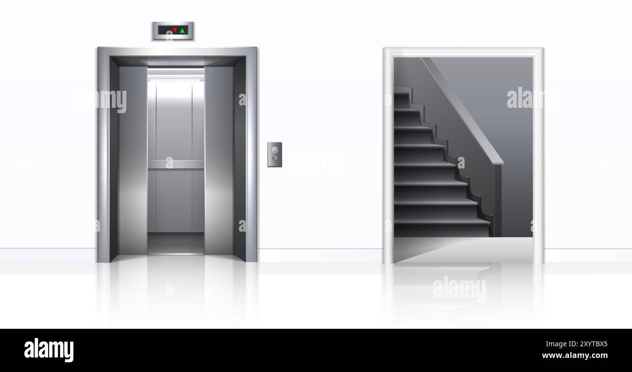 3d realistic illustration. office building elevator with half closed doors, white walls and stairs. Stock Vector