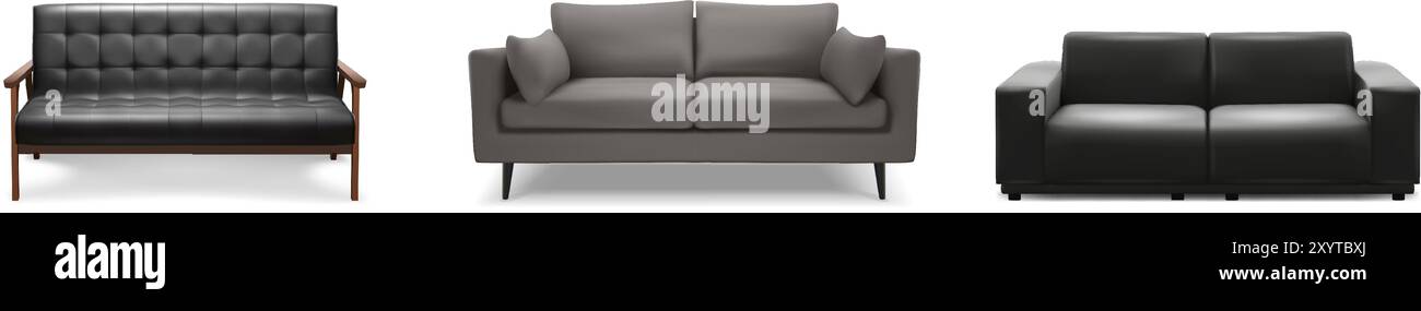3d realistic icon set illustrations. Leather sofas in black and gray color. gray sofa, couch on a white background. Stock Vector