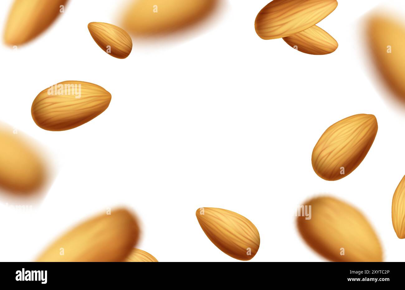 3d realistic icon illustration. Almond nuts banner falling frame with ...