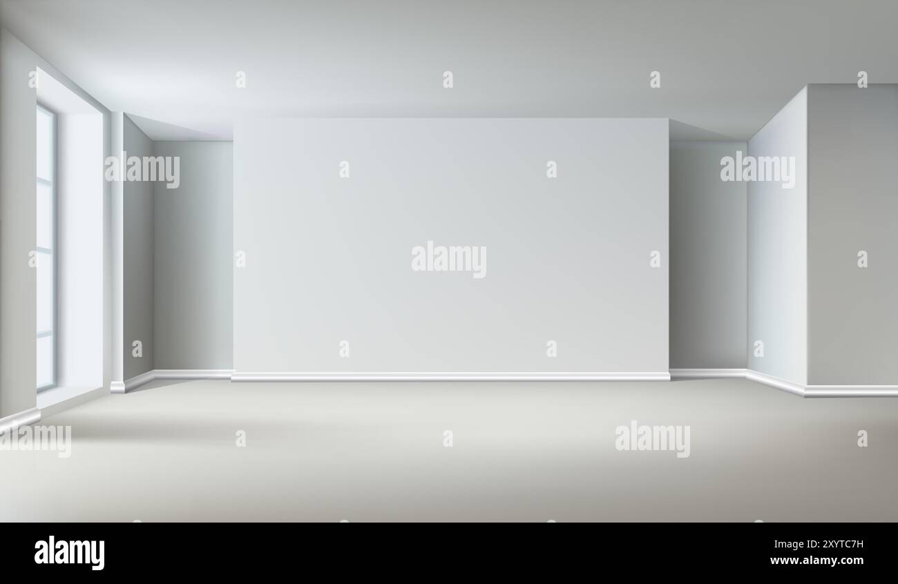 3d realistic illustration. Empty white room interior with big window ...