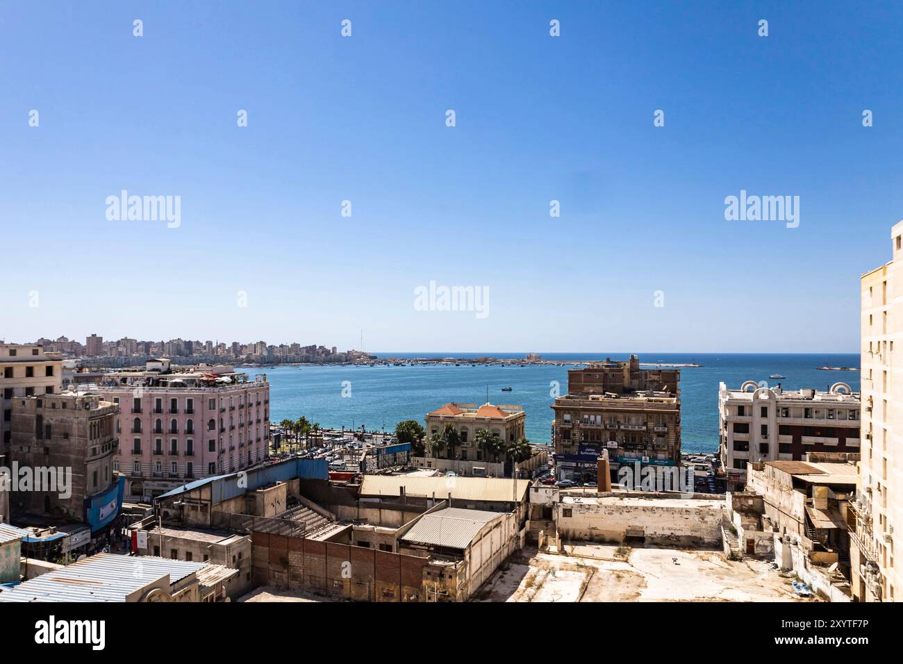 View of Mediterranean sea(Eastern Harbour), from high rise apartment at downtown, Alexandria, Egypt, North Africa, Africa Stock Photo