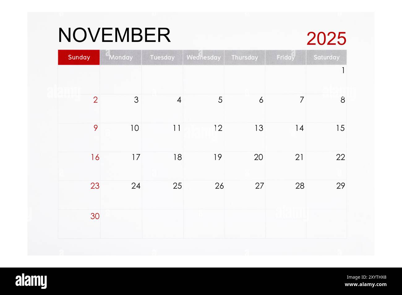 November 2025 monthly calendar page isolated on white background, Saved