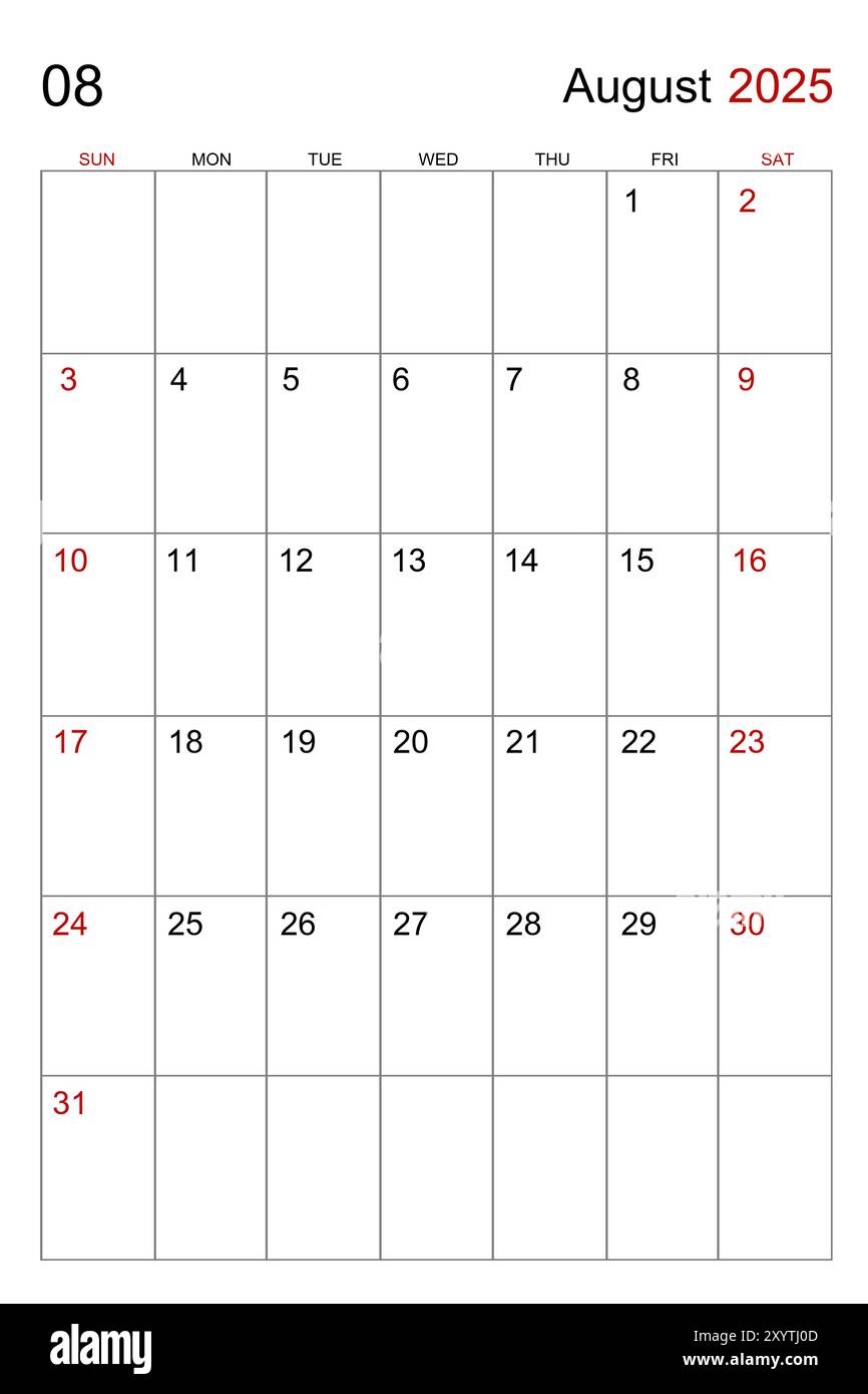 August 2025 calendar vertical template on white background Stock Photo