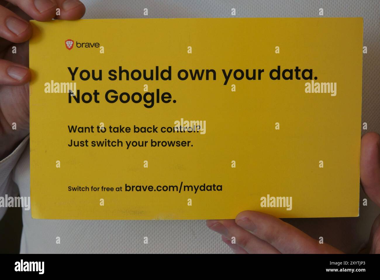 Los Angeles, California, USA - Jan. 15, 2024: A Brave internet browser advertising mailer is shown, reading “You should own your data. Not Google.' Stock Photo