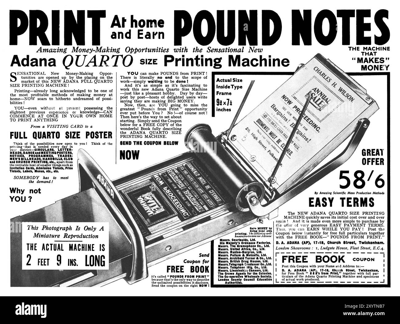 1939 British home printing advertisement for the Adana quarto size printing machine. Stock Photo