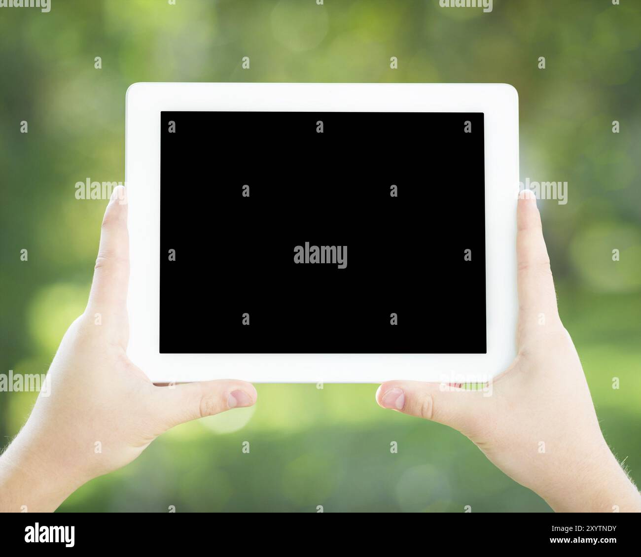 Man hands holding tablet PC against spring green background Stock Photo