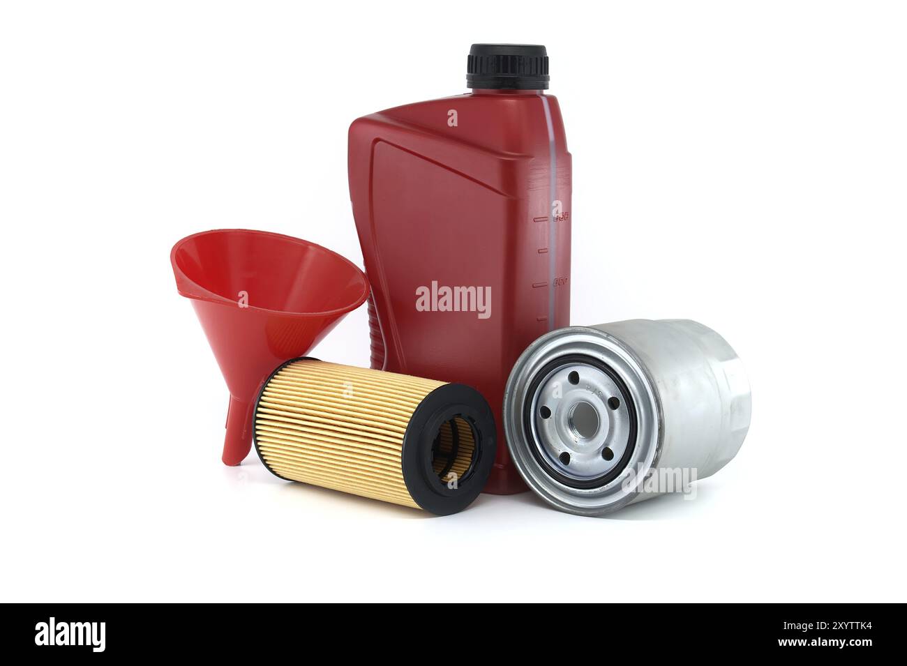 Red plastic canister of motor oil alongside a yellow and black oil