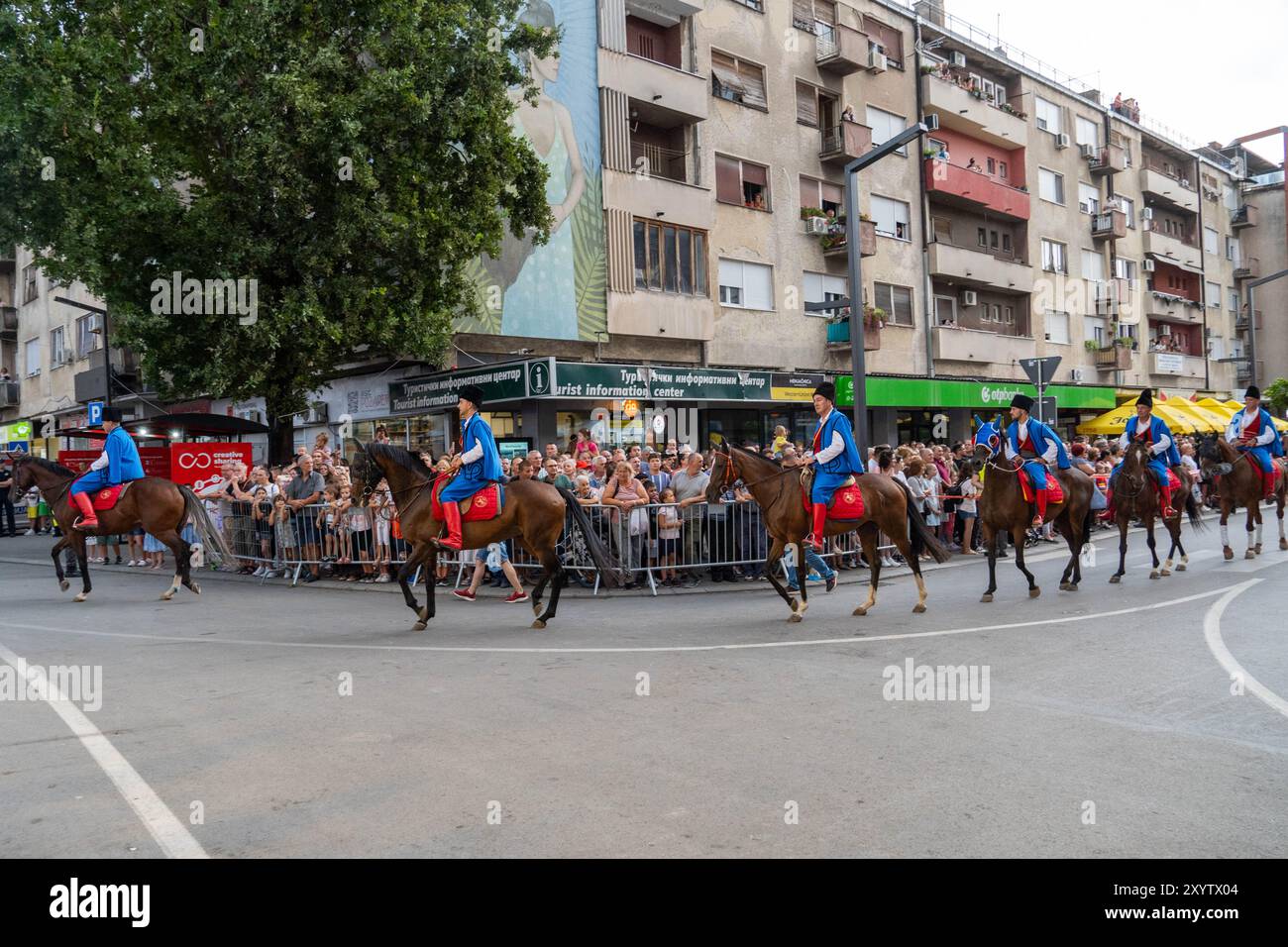 Pozarevac. 30th Aug, 2024. Horses parade at the opening ceremony of the annual equestrian games in the city of Pozarevac, Serbia on Aug. 30, 2024. The 61st edition of the Ljubicevo Equestrian Games officially commenced on Friday in the city of Pozarevac, heralding one of Serbia's most celebrated sports-tourism events. Credit: Nemanja Cabric/Xinhua/Alamy Live News Stock Photo