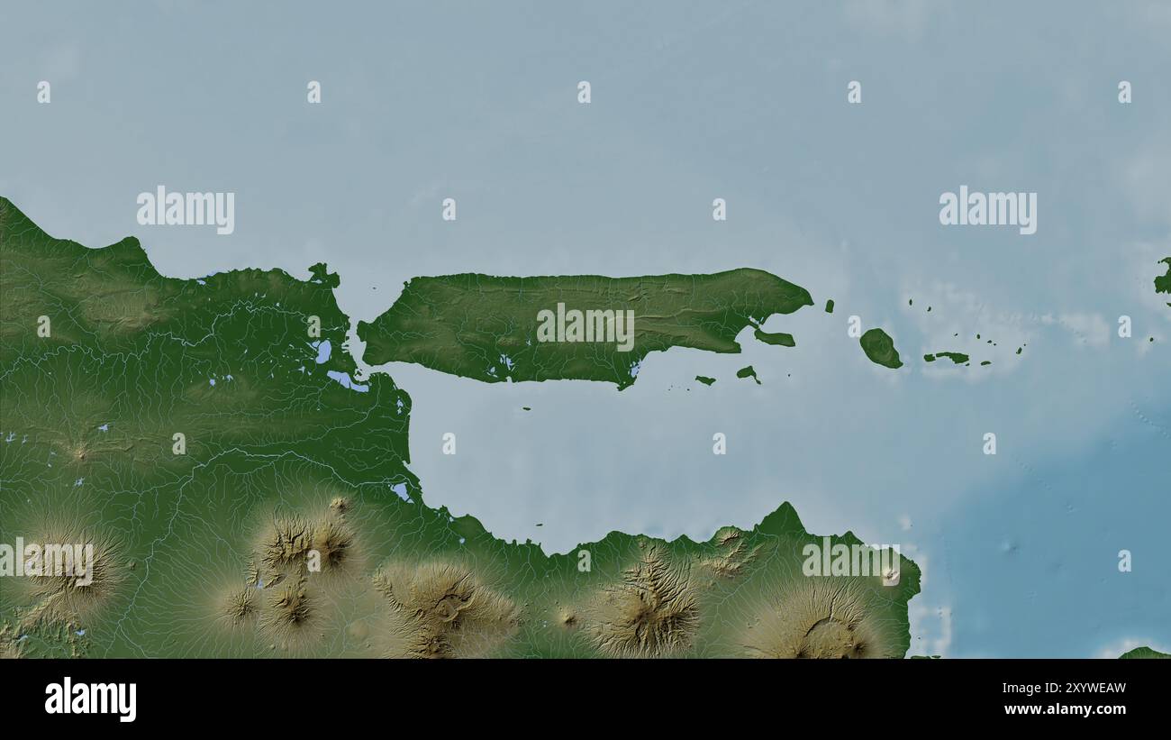 Madura Island in the Java Sea on a colored elevation map Stock Photo