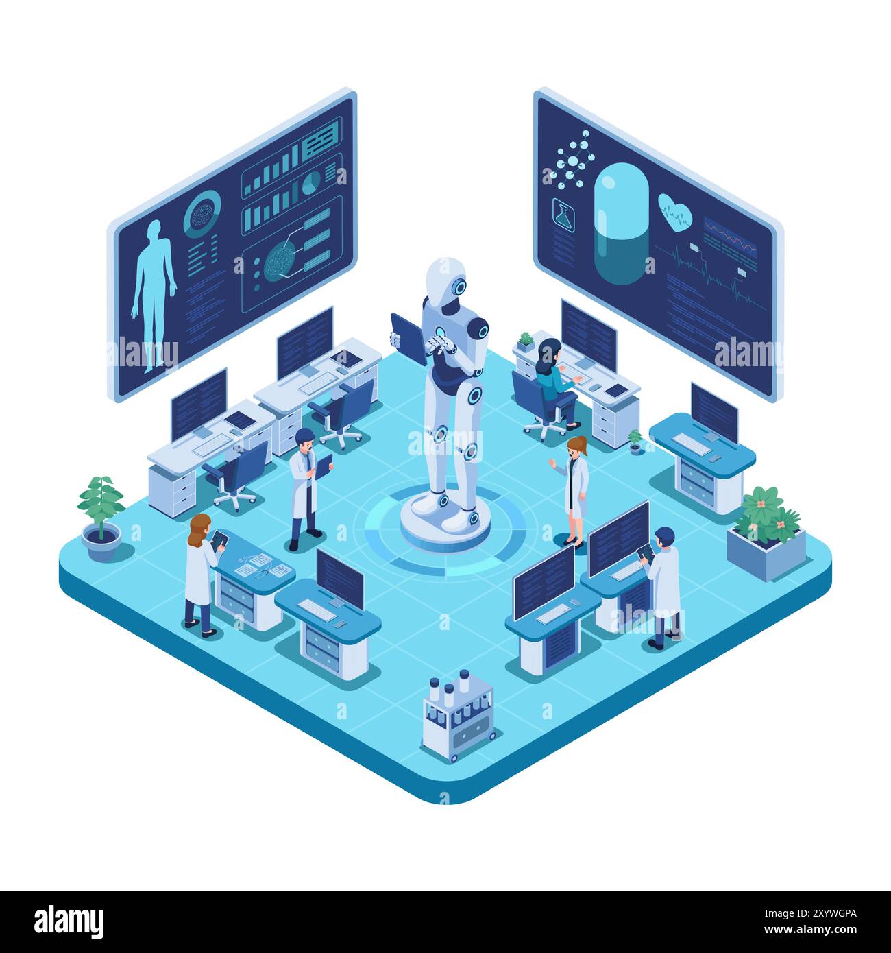 Isometric AI Robot Assisting Team of Medical Professionals In Lab. AI Diagnostics and AI-Powered Pharmaceutical Development Stock Vector