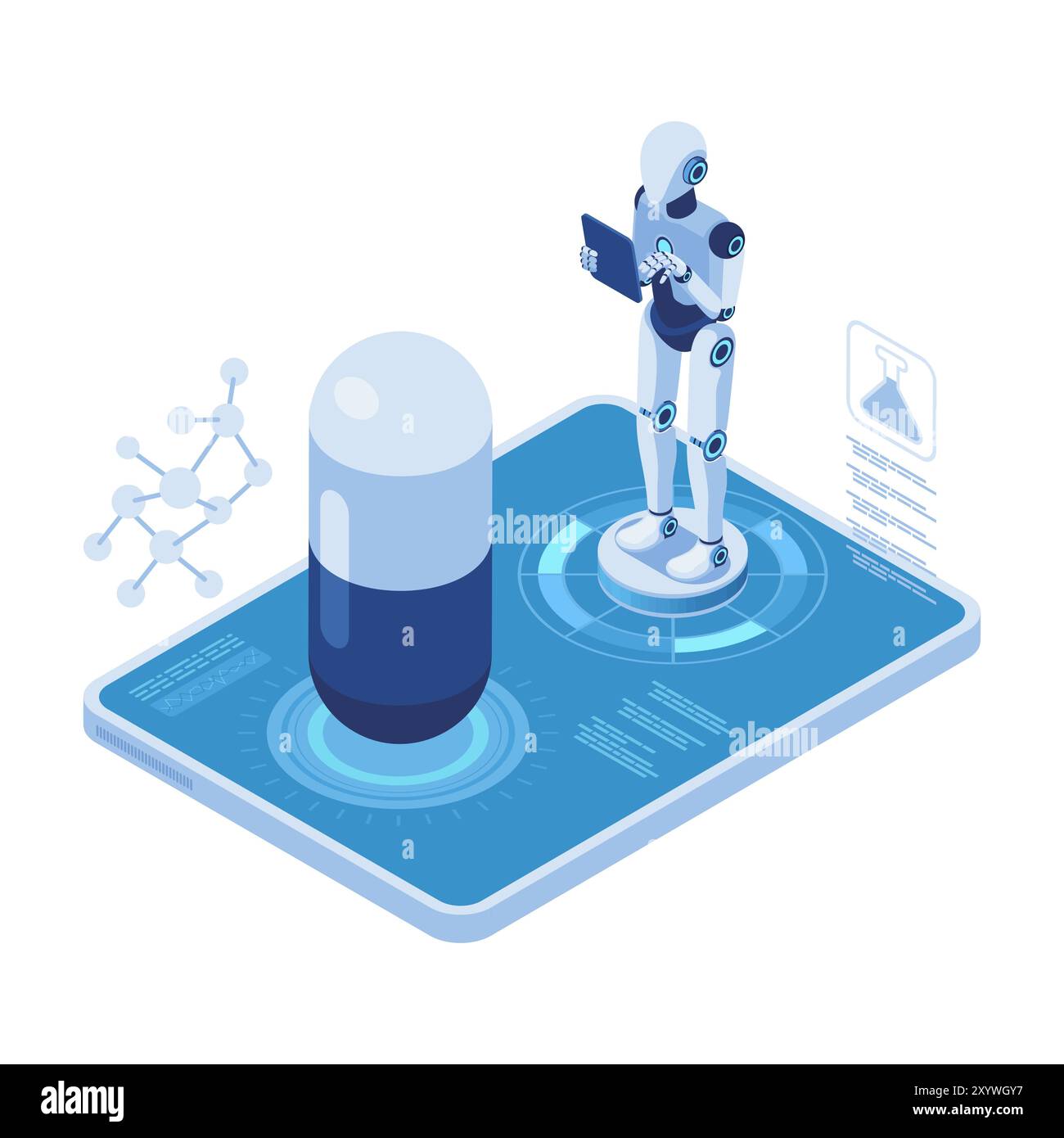 Isometric Pharmaceutical Research by AI Robot. AI-Powered Pharmaceutical Discovery and Development Stock Vector