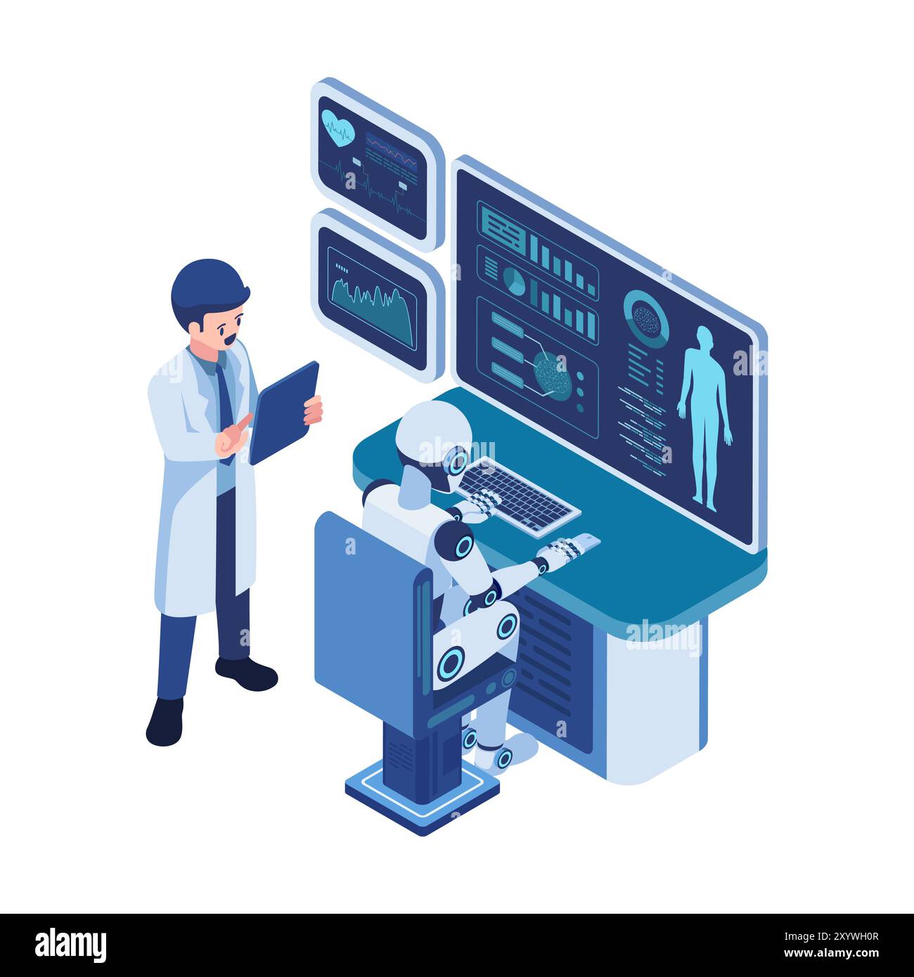 Isometric Doctor Analyzes Patient Health Data with AI Robot. AI ...
