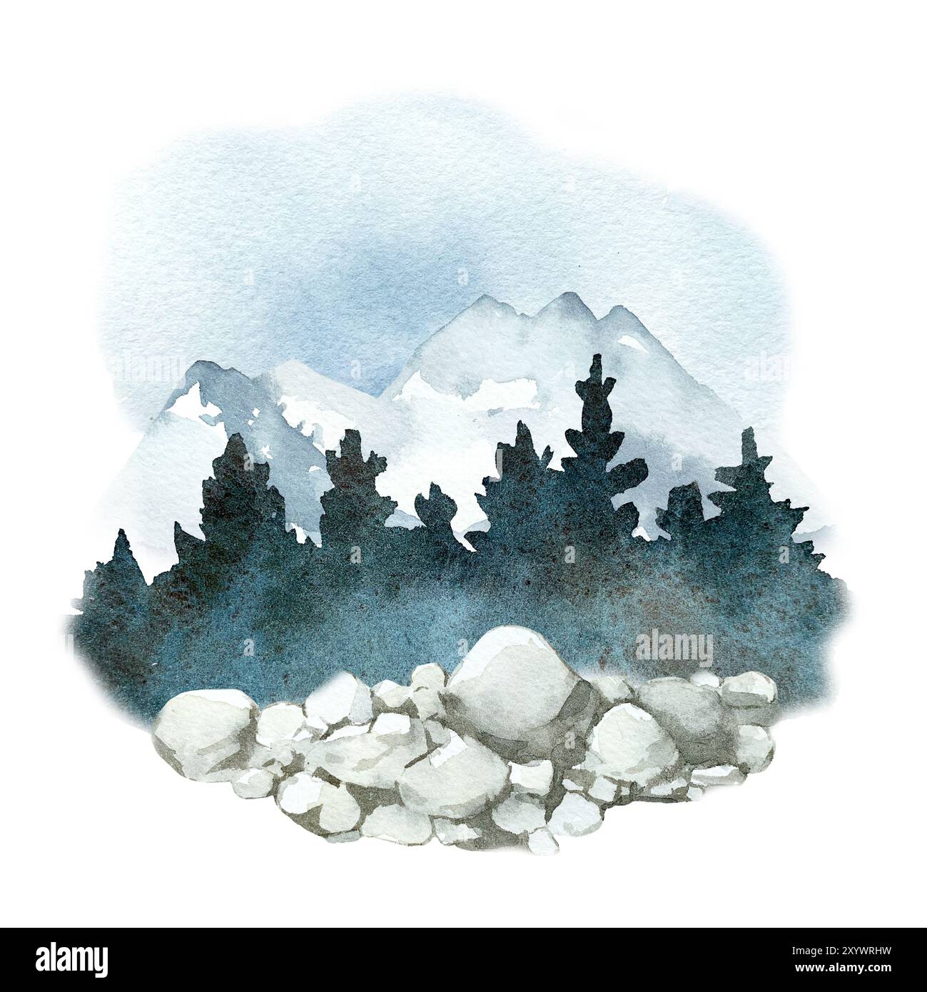 Mountains and forest watercolor sketch. Abstract landscape hand drawn ...