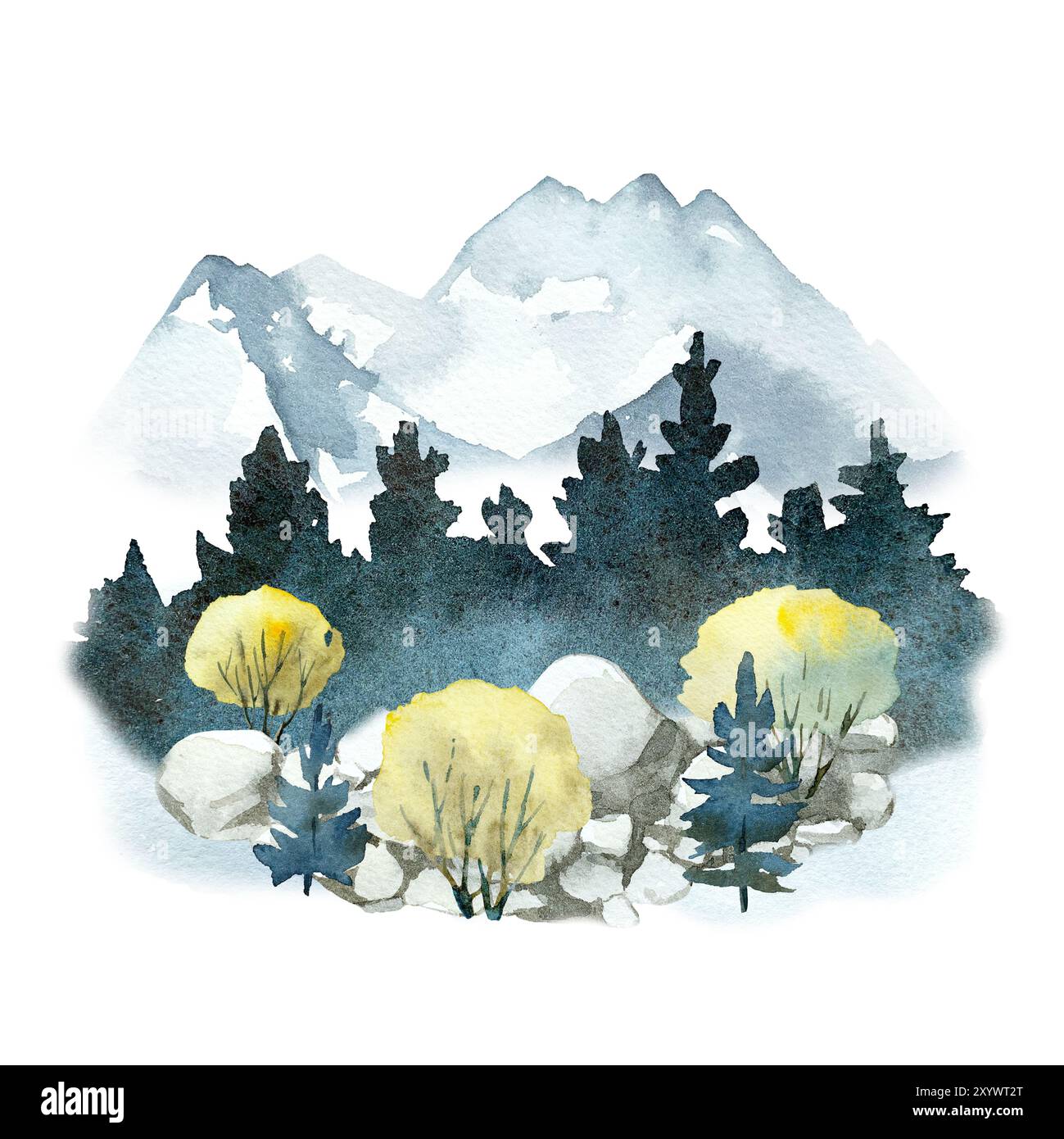 Mountains and forest watercolor sketch. Abstract landscape hand drawn ...