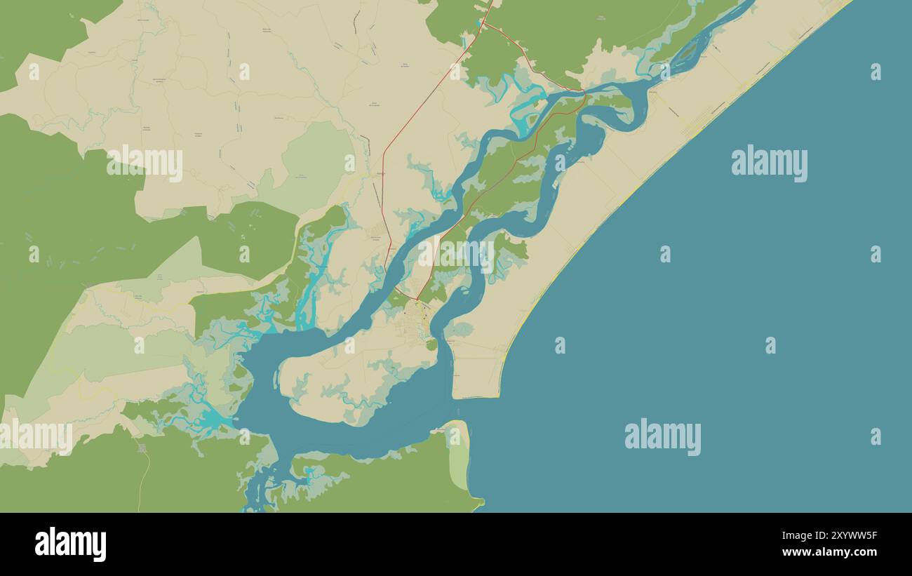 Ilha de Cananeia in the South Atlantic Ocean on a topographic, OSM Humanitarian style map Stock Photo