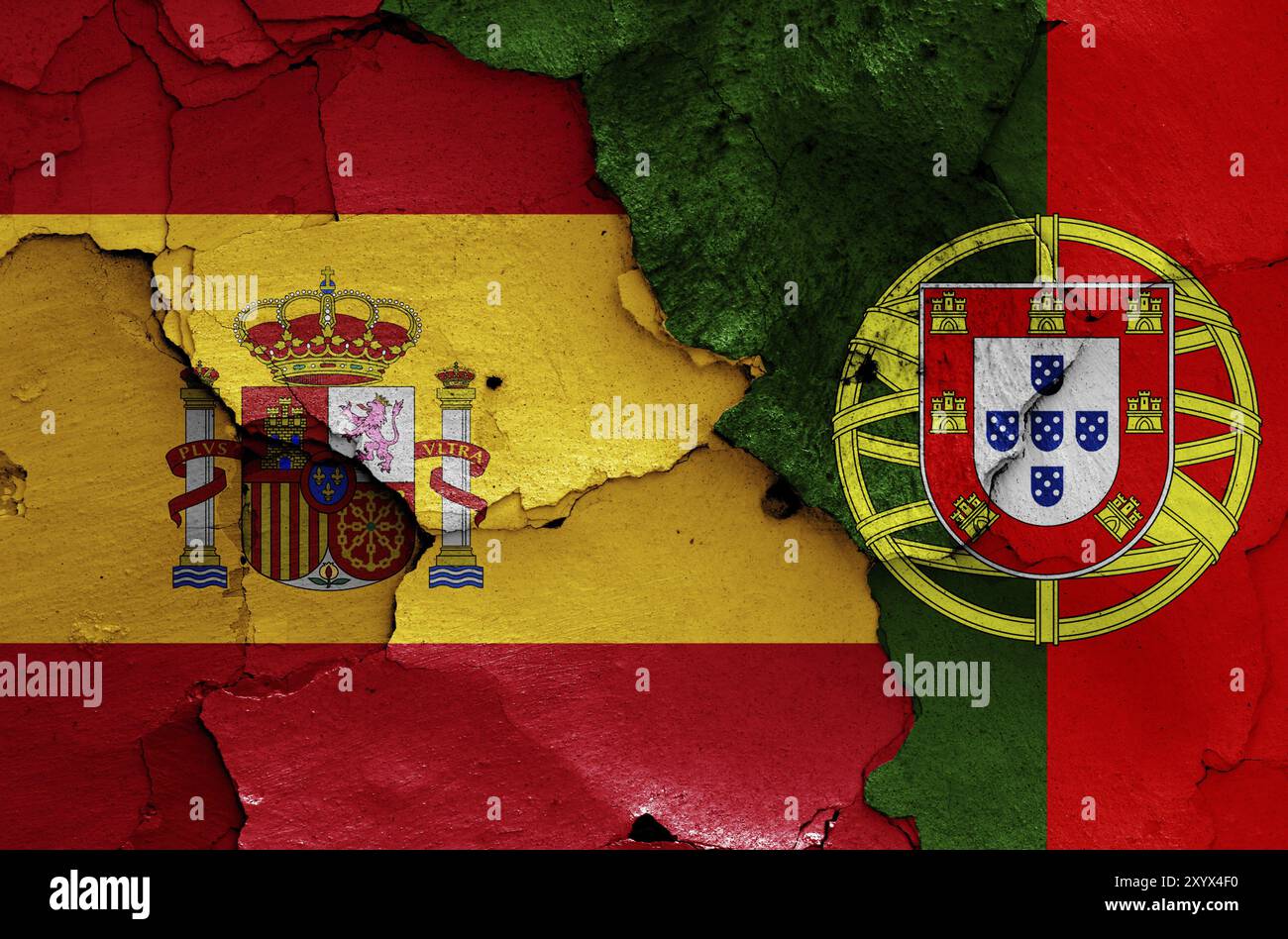 Flags of Spain and Portugal painted on cracked wall Stock Photo - Alamy