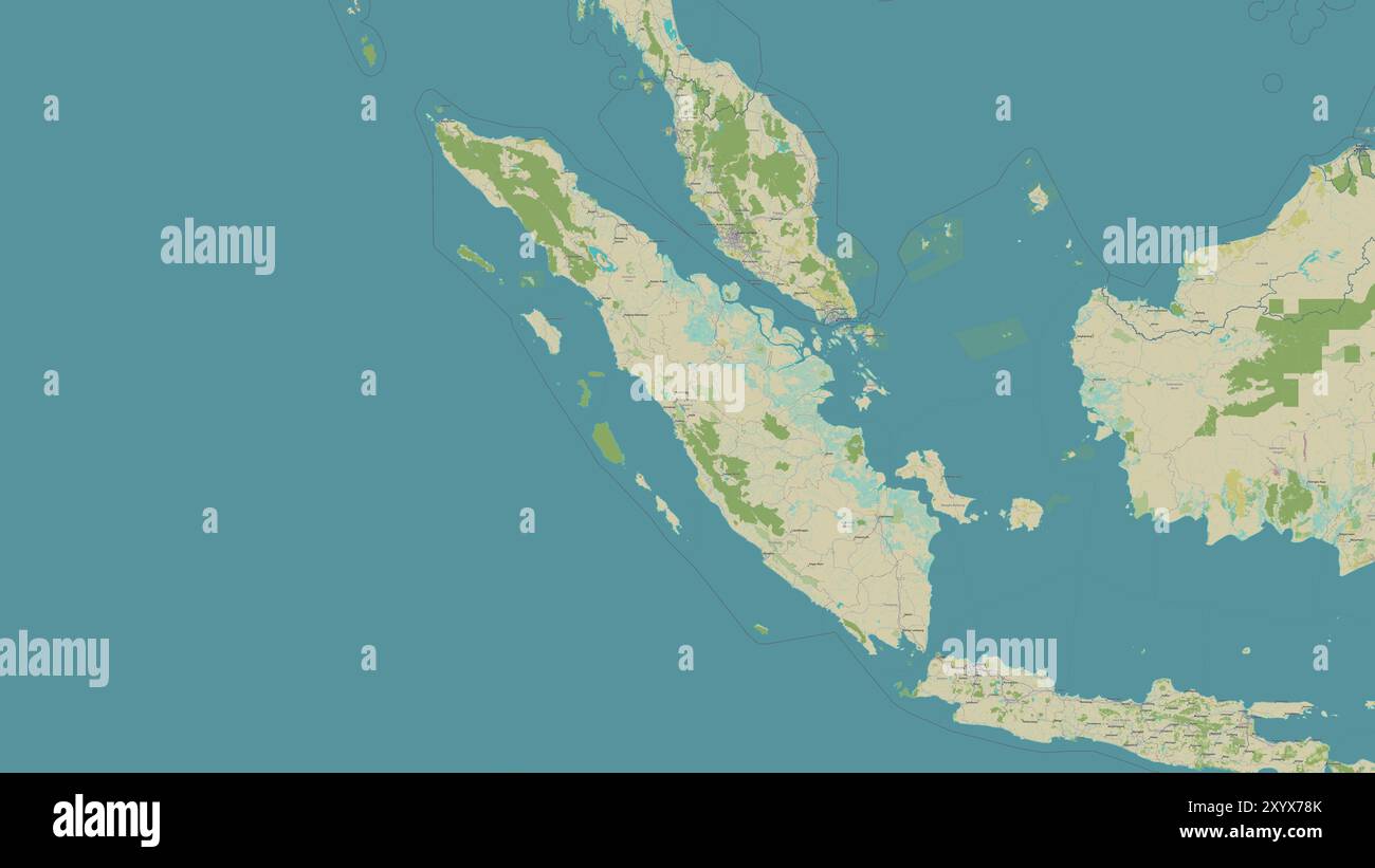 Sumatra Island in the Java Sea on a topographic, OSM Humanitarian style map Stock Photo