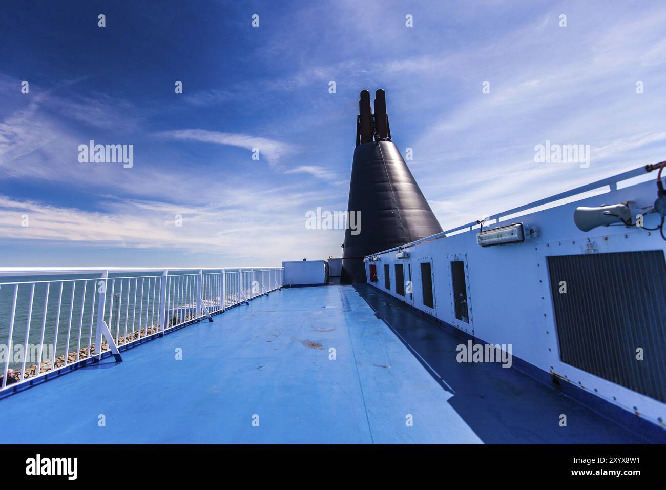 Black funnel and sun deck of a blue ferry Stock Photo - Alamy