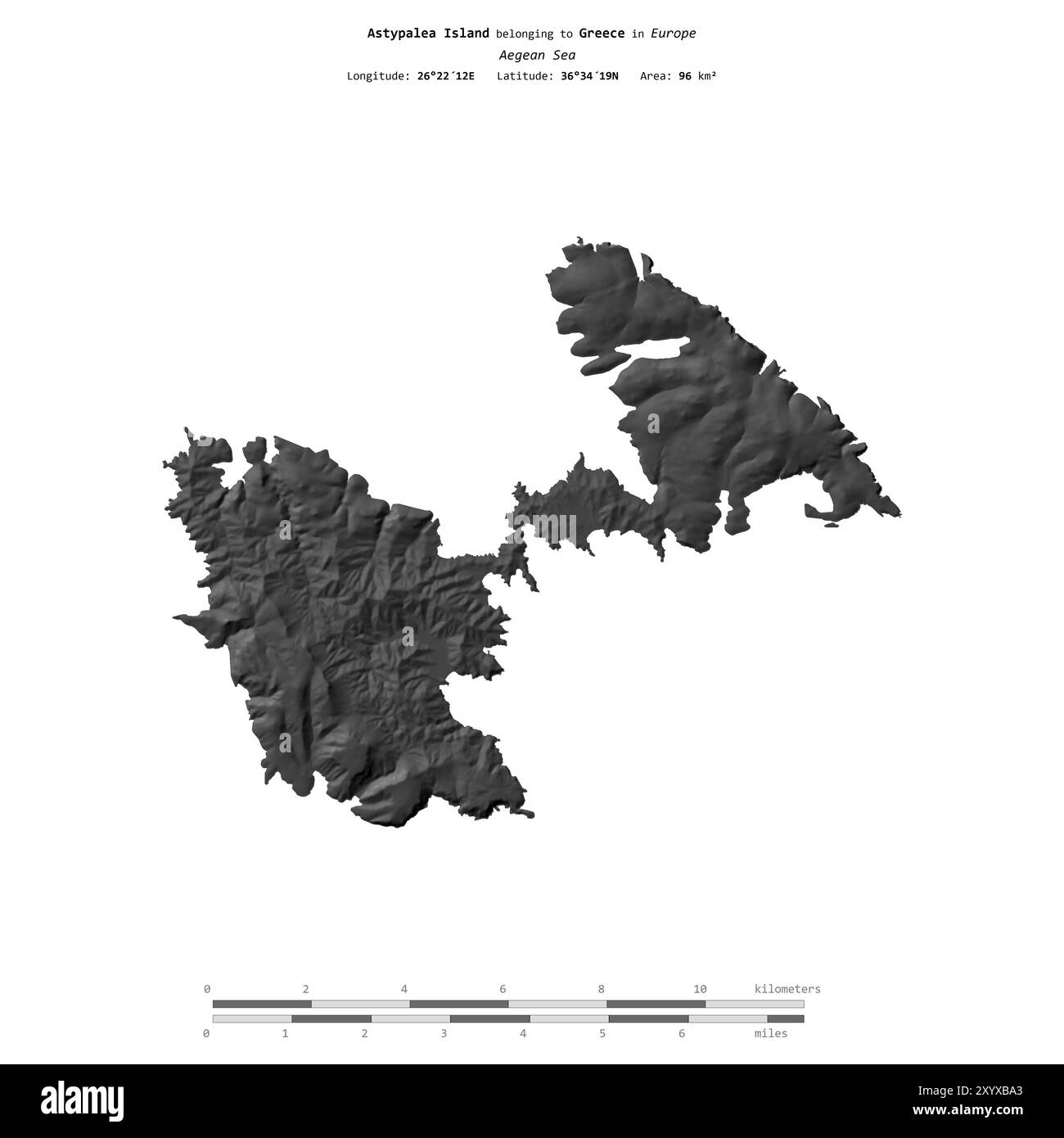 Astypalea Island in the Aegean Sea, belonging to Greece, isolated on a bilevel elevation map, with distance scale Stock Photo